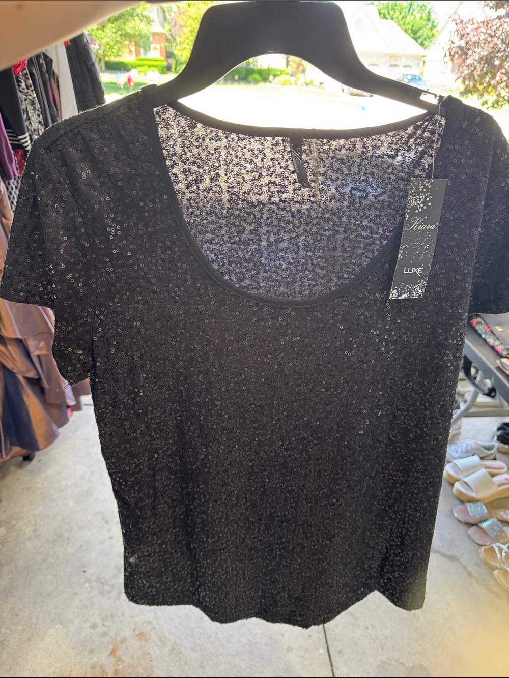 Kiara Luxe Black Sequin Short Sleeve Scoop Neck Top